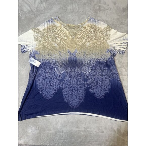 Women’s Catherines Blouse Paisley Navy Blue Tan Rhinestones Embroidered Neck 2X - Picture 12 of 12